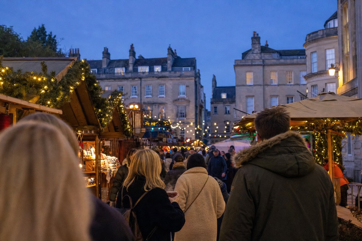Wooden chalets at a Christmas market strung with warm lights at dusk