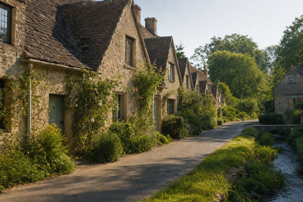 A quiet lane of honey-stone cottages in an English countryside village