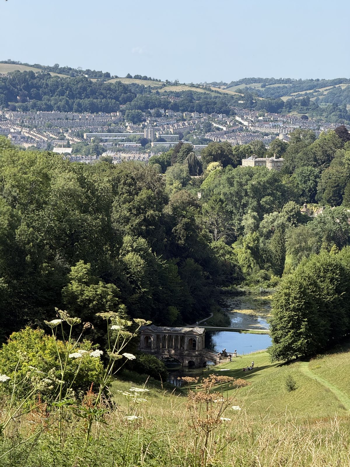 The skyline of Bath seen from the hillside above Prior Park